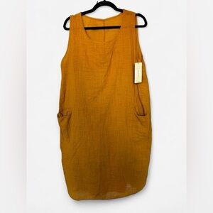 Mustard yellow cotton and linen-blend sleeveless shift dress with pockets NWT